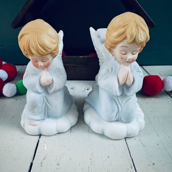 Vintage Praying Angels Candleholders Ceramic Angel Christmas Decor Blue White - Picture 3 of 8